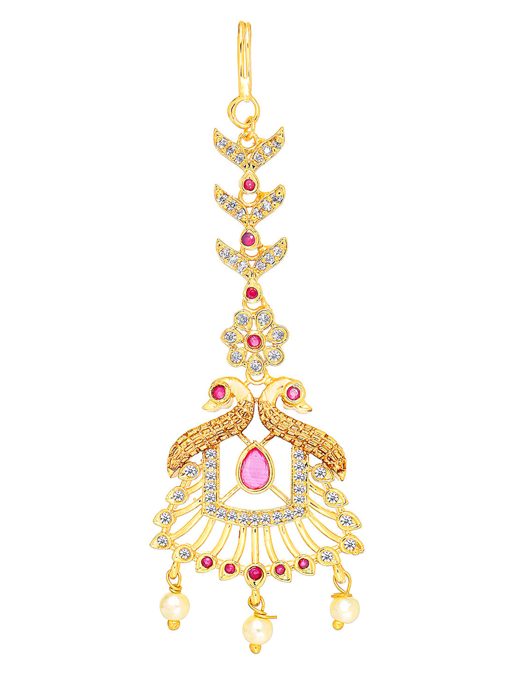 Yellow Chimes Women Gold -Toned Pink & White American Diamond Studded Handcrafted Maang Tikka | Grocsy