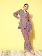 InWeave Women's Pink Blue Ogee Print Belted Coord Set | Grocsy