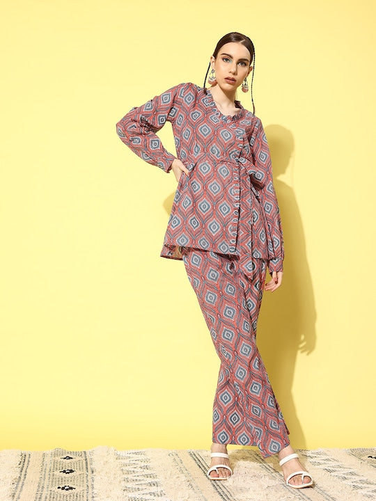 InWeave Women's Pink Blue Ogee Print Belted Coord Set | Grocsy