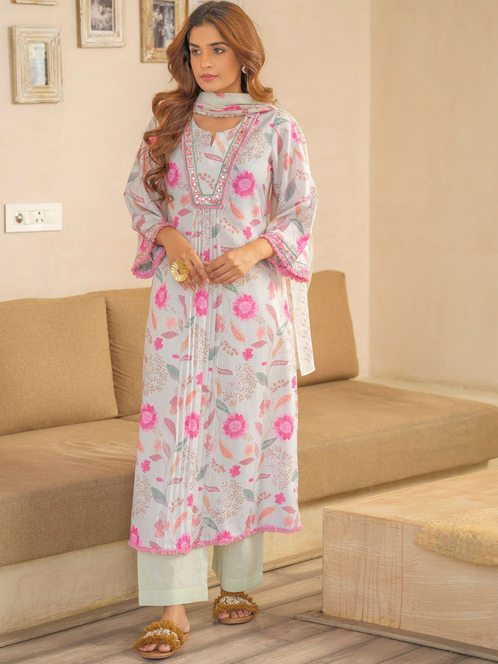 Sangria Floral Printed Pleated A-Line Kurta With Palazzos & Dupatta | Grocsy