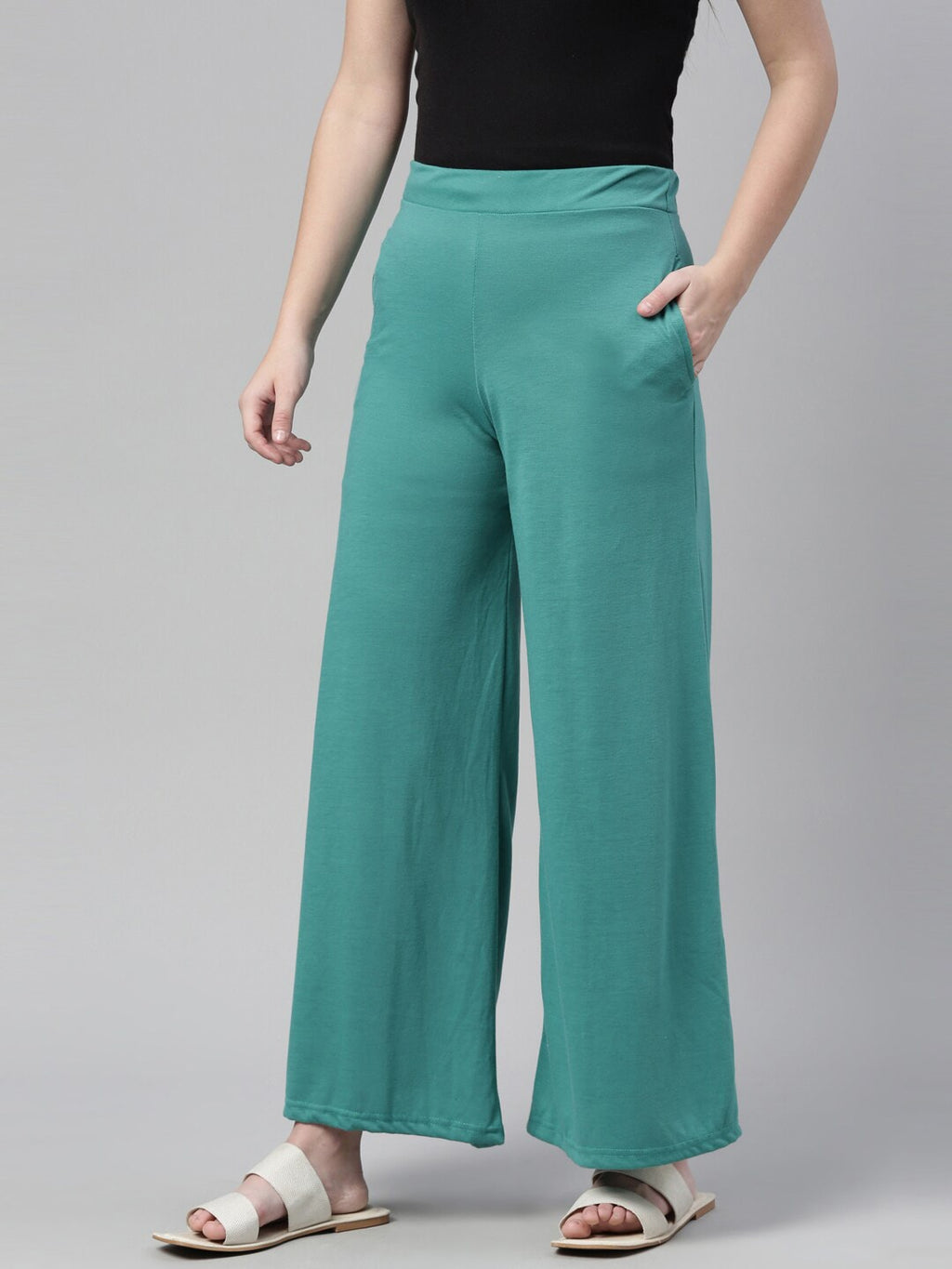 Souchii Turquoise Blue Knitted Palazzos | Grocsy