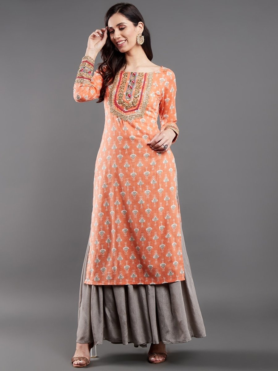 Aks Ethnic Motifs Printed Sequinned Pure Cotton A Line Kurta | Grocsy