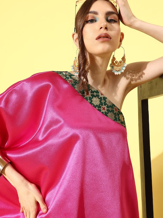 InWeave Women's Pink Green Brocade Satin Oneshoulder Kurta Set | Grocsy