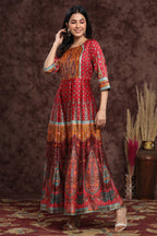 Juniper Women's Maroon Dull Satin Printed Anarkali Dress | Grocsy
