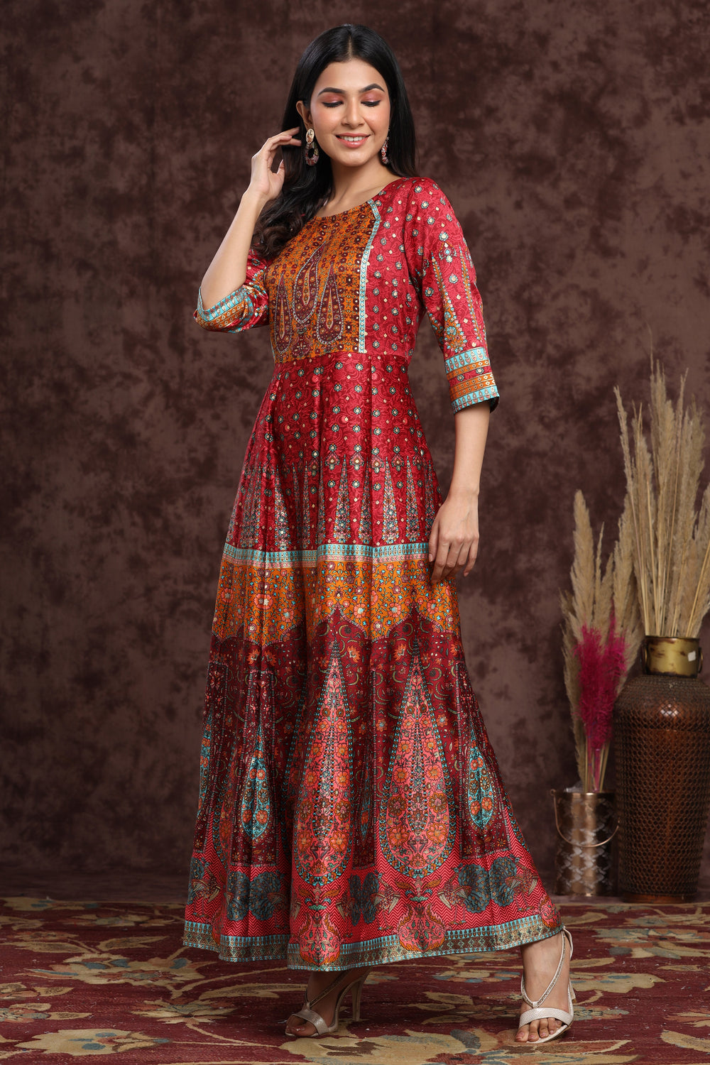 Juniper Women's Maroon Dull Satin Printed Anarkali Dress | Grocsy