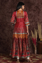 Juniper Women's Maroon Dull Satin Printed Anarkali Dress | Grocsy