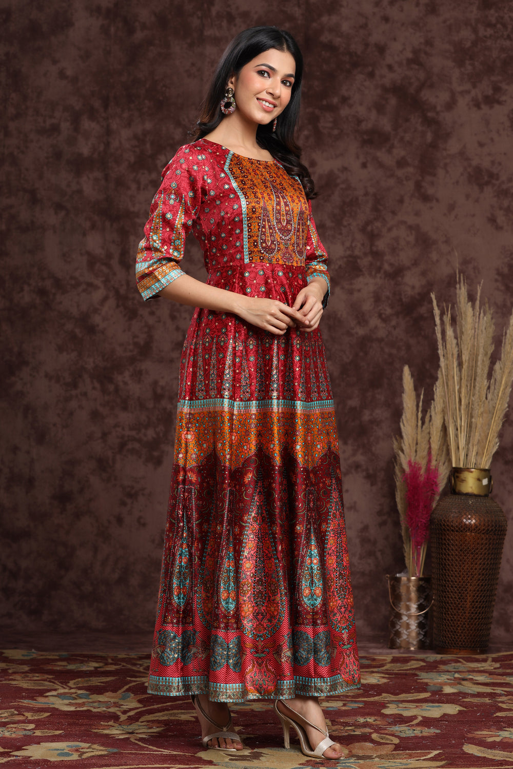 Juniper Women's Maroon Dull Satin Printed Anarkali Dress | Grocsy