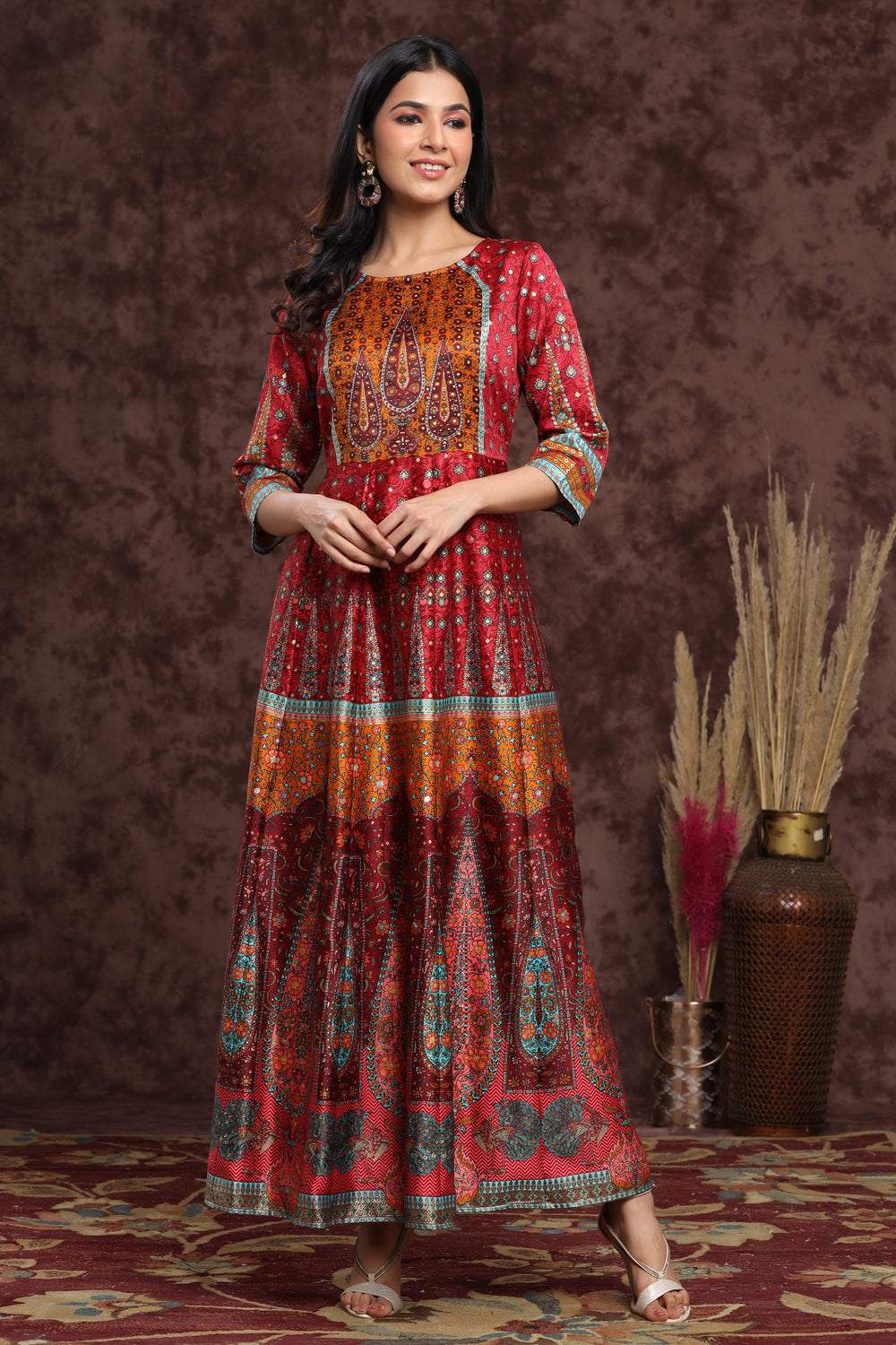 Juniper Women's Maroon Dull Satin Printed Anarkali Dress | Grocsy