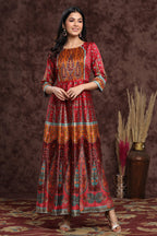 Juniper Women's Maroon Dull Satin Printed Anarkali Dress | Grocsy