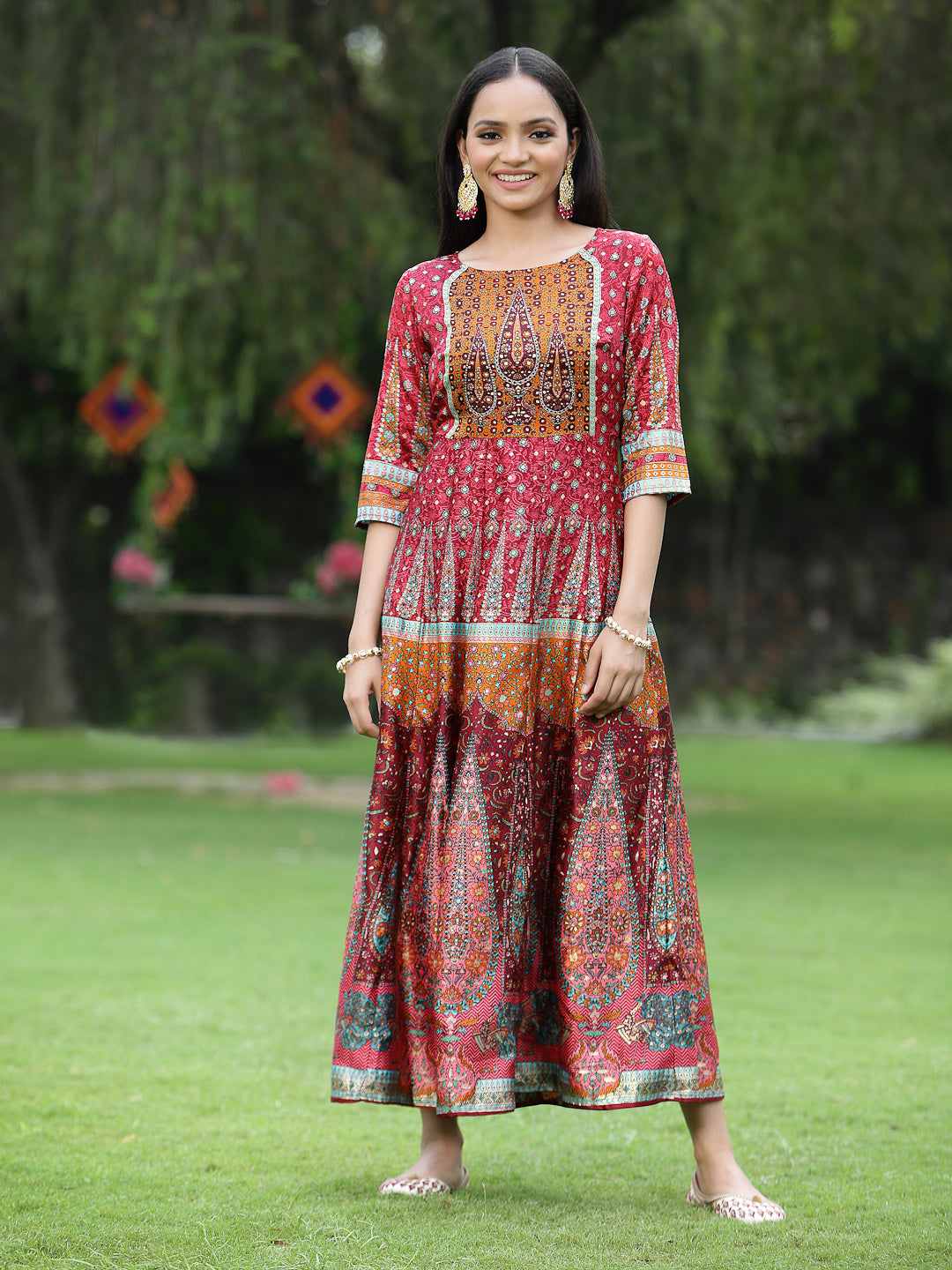Juniper Womens Maroon Dull Satin Floral Print Maxi Dress | Grocsy