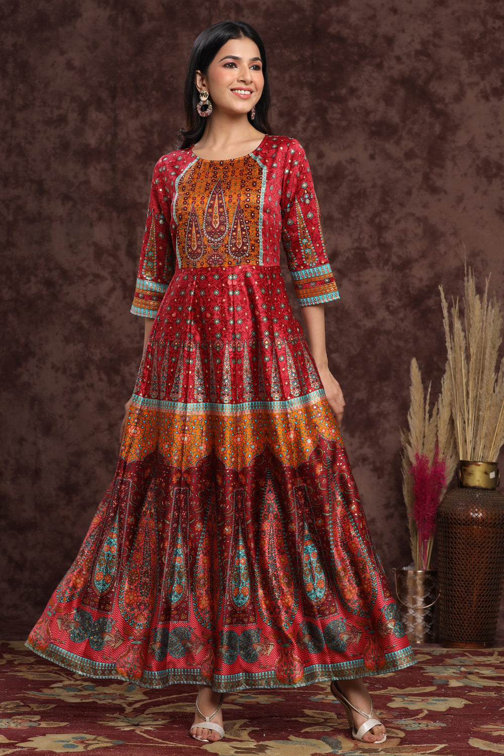 Juniper Women's Maroon Dull Satin Printed Anarkali Dress | Grocsy