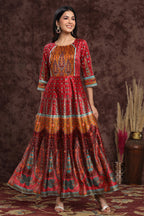 Juniper Women's Maroon Dull Satin Printed Anarkali Dress | Grocsy