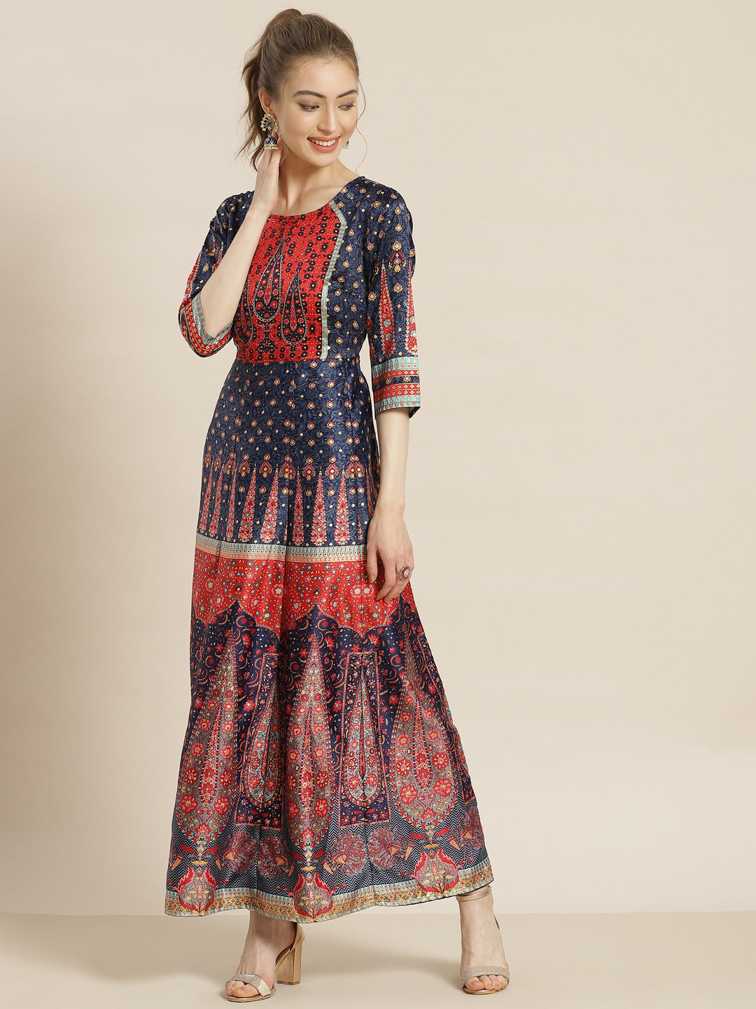 Juniper Womens Navyblue Dull Satin Floral Print Maxi Dress | Grocsy