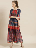 Juniper Womens Navyblue Dull Satin Floral Print Maxi Dress | Grocsy