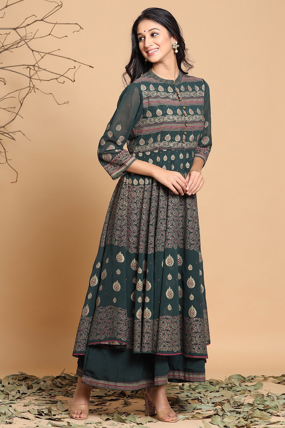 Juniper Women's Jadegreen Georgette Printed Layered Dress | Grocsy