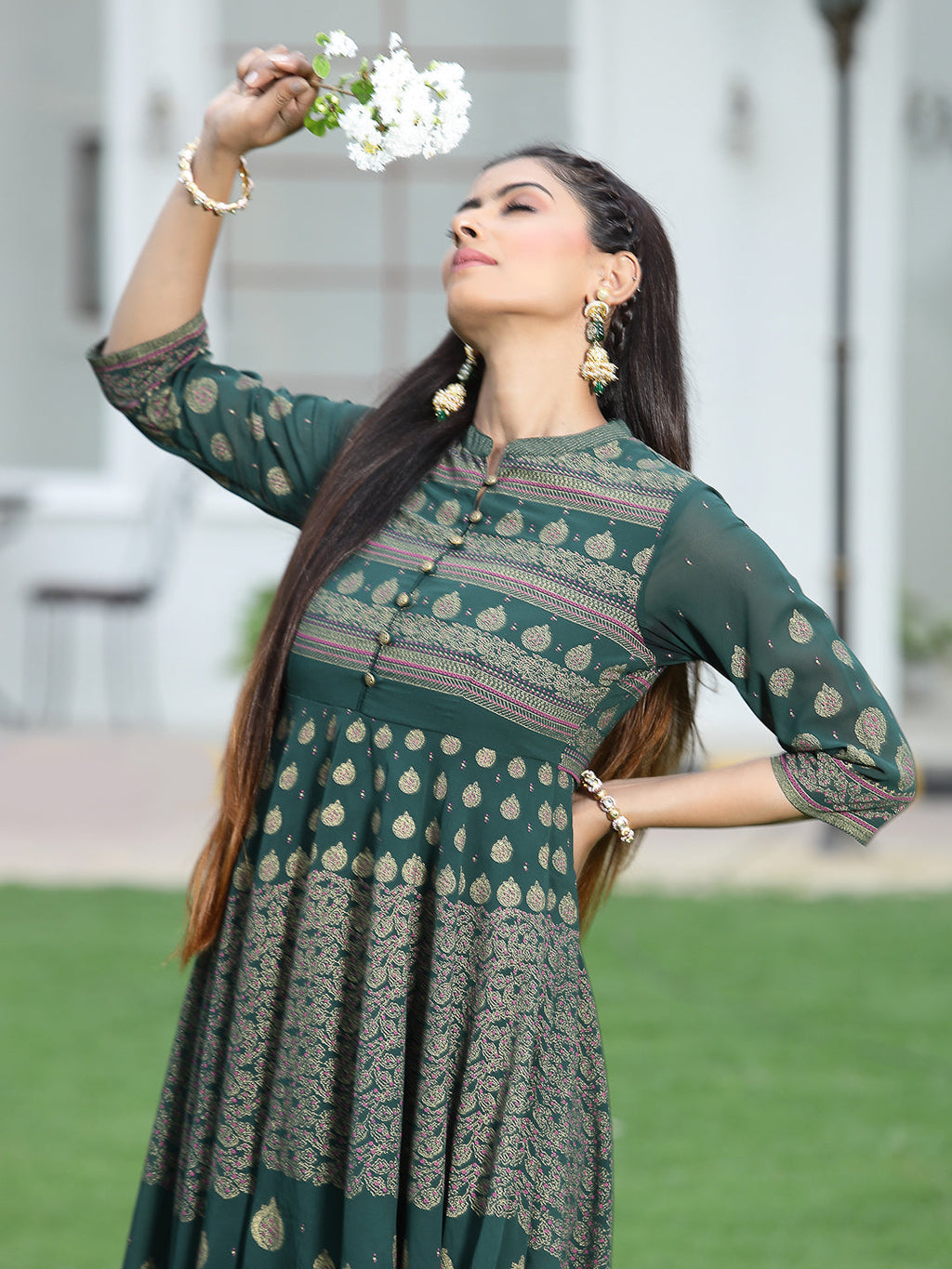 Juniper Womens ONN Jadegreen Georgette Foil Print Maxi Dress | Grocsy