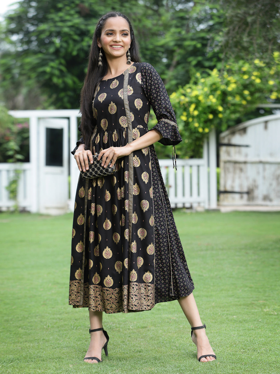 Juniper Women Black Rayon Printed Jacket Style Dress | Grocsy
