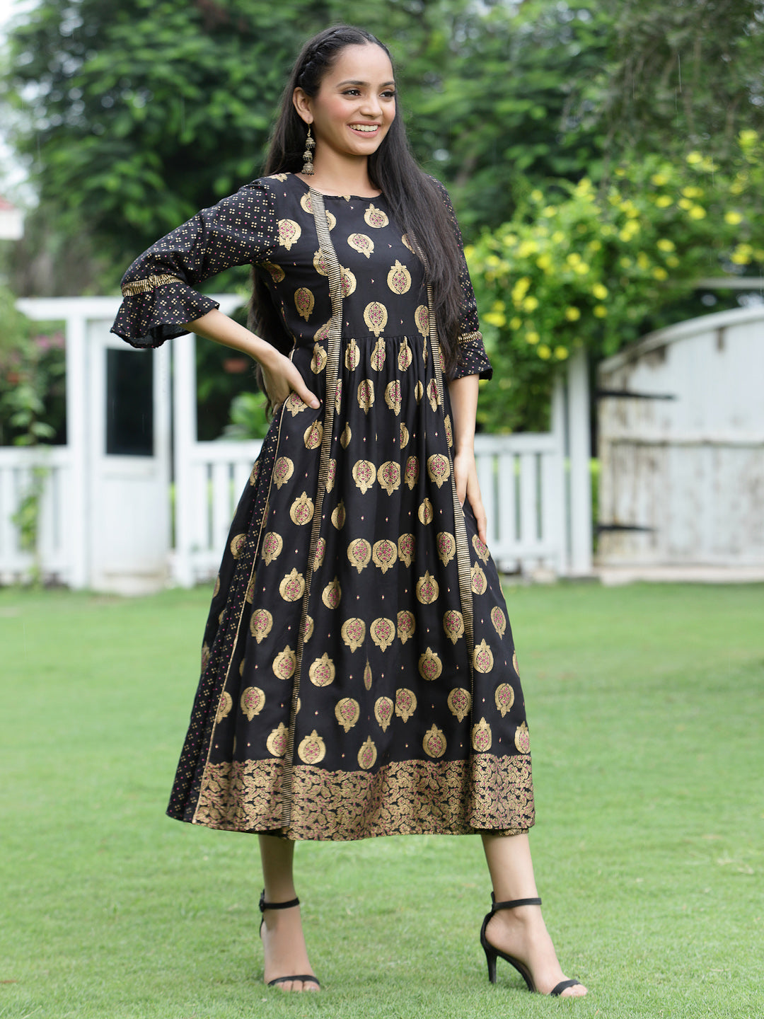 Juniper Women Black Rayon Printed Jacket Style Dress | Grocsy