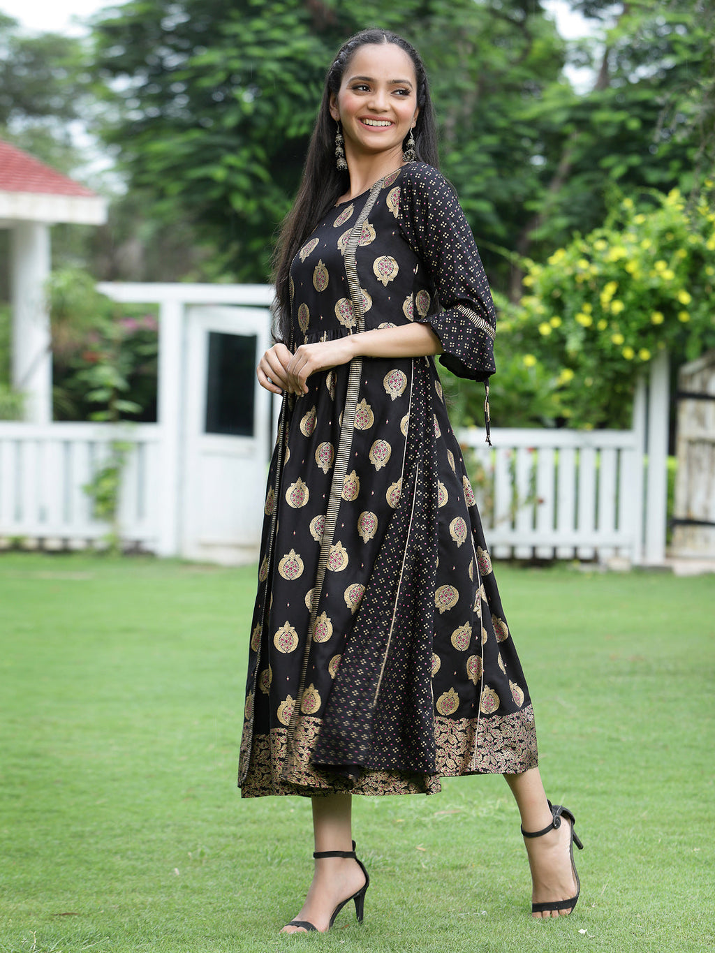 Juniper Women Black Rayon Printed Jacket Style Dress | Grocsy