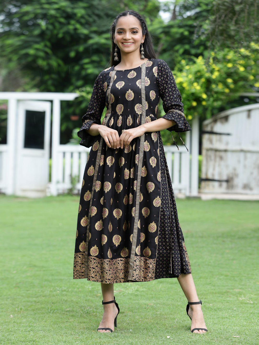 Juniper Women Black Rayon Printed Jacket Style Dress | Grocsy
