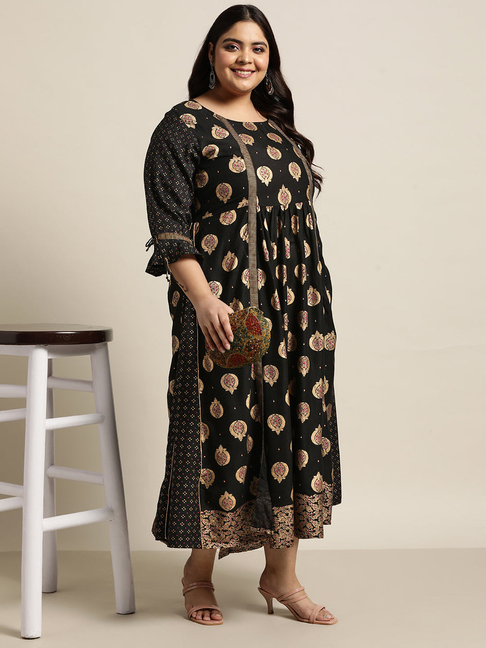 Juniper Women's Black Rayon Festive Wear Printed Jacket Style Dress | Grocsy