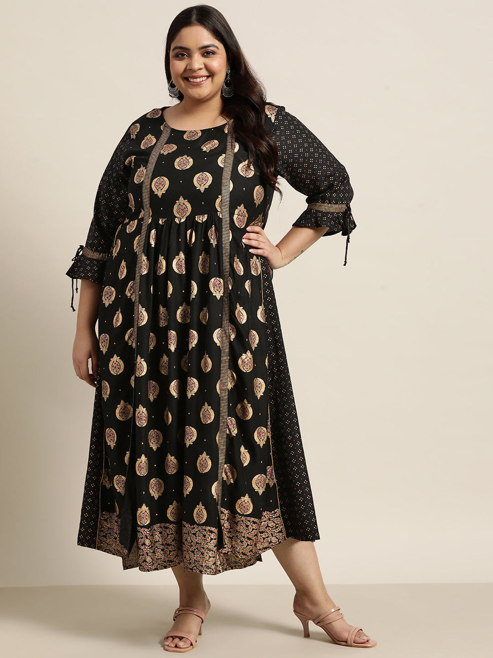 Juniper Women's Black Rayon Festive Wear Printed Jacket Style Dress | Grocsy
