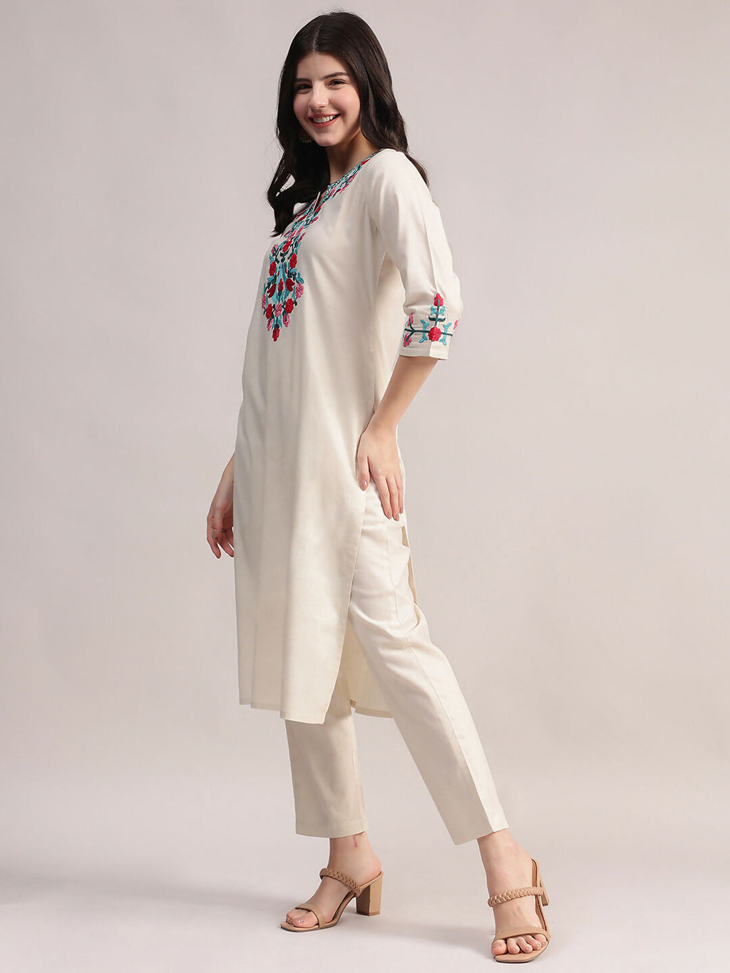 Aavyora Women's Off-White Embroidered Cotton Flex Co-Ord Set | Grocsy