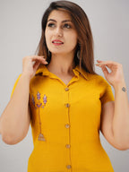 HERE&NOW Mustard Yellow Shirt Collar Thread Work A-Line Kurta | Grocsy
