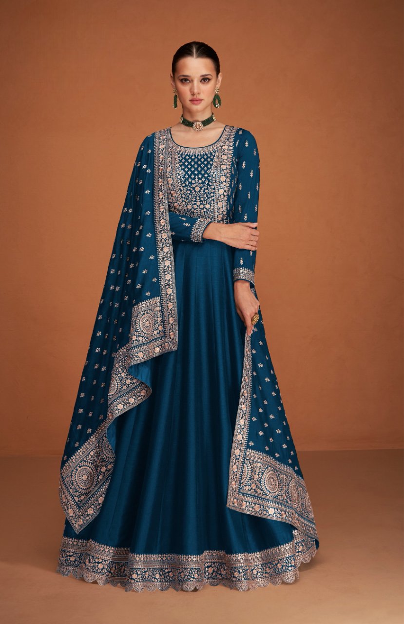 Anaita Navy_Blue Designer Embroidered Heavy Premium Silk Anarkali Suit | Grocsy