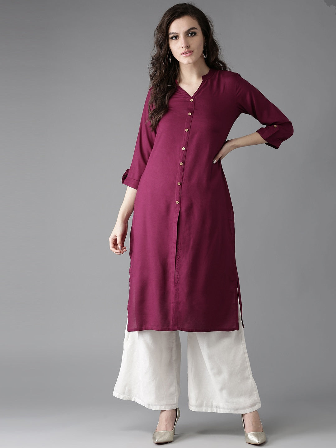 HERE&NOW Women Burgundy Solid Straight Kurta | Grocsy