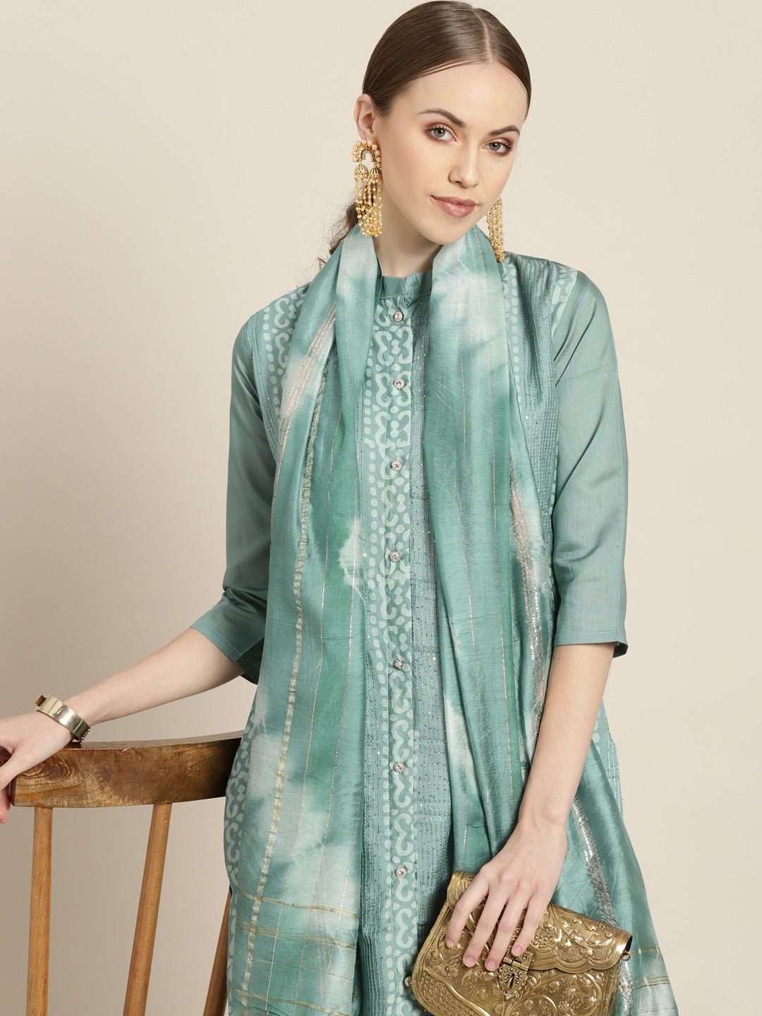 Sangria Women Sea Green Ethnic Motifs Sequinned Liva Kurta with Trousers & With Dupatta | Grocsy