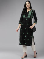 ADA Women Ethnic Motifs Embroidered Cotton Chikankari Floral Kurta | Grocsy