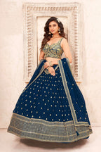Teal Faux Georgette Embroidery sequence work Lehenga Choli with Dupatta - Dhvani | Grocsy