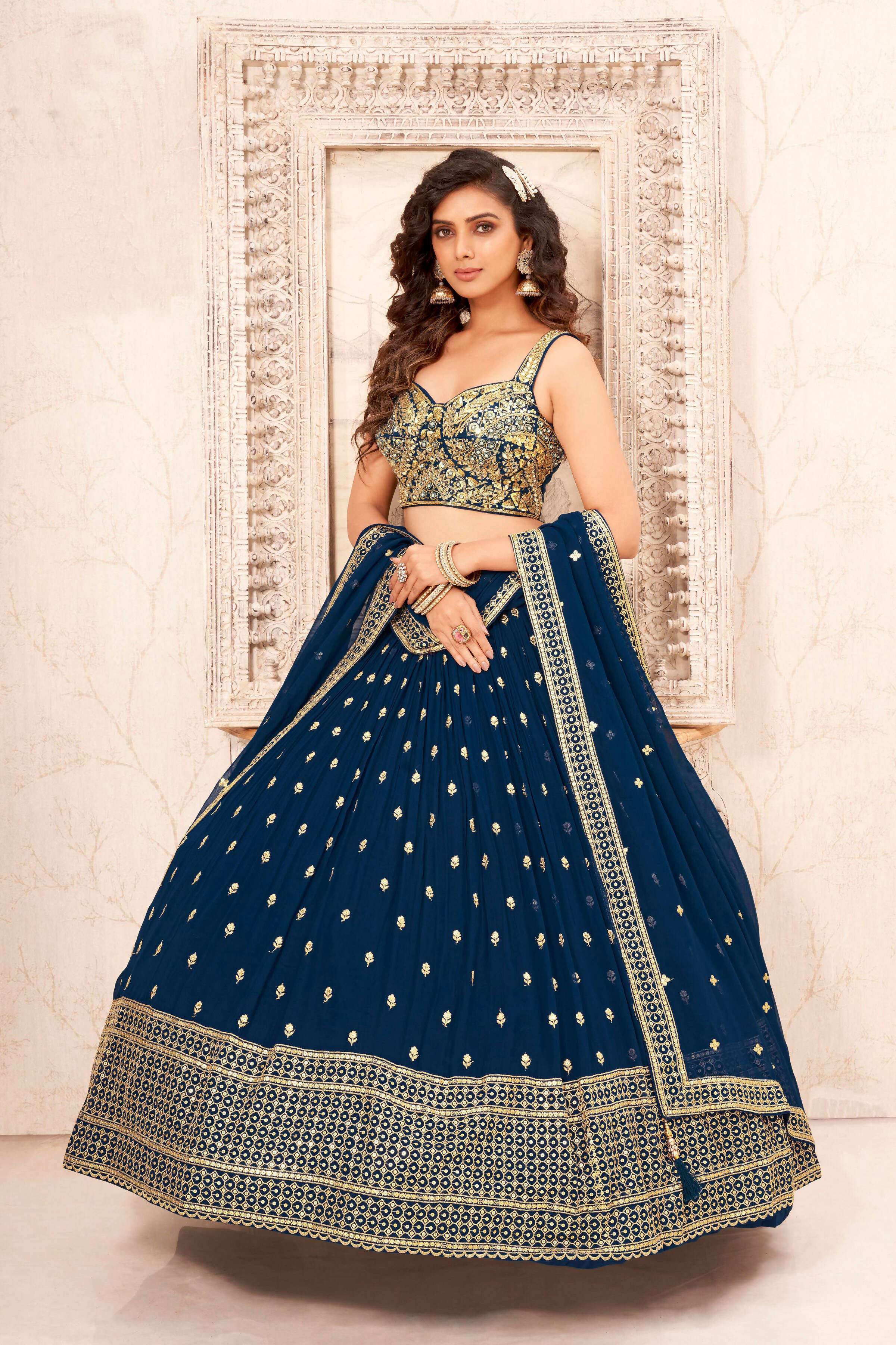 Teal Faux Georgette Embroidery sequence work Lehenga Choli with Dupatta - Dhvani | Grocsy