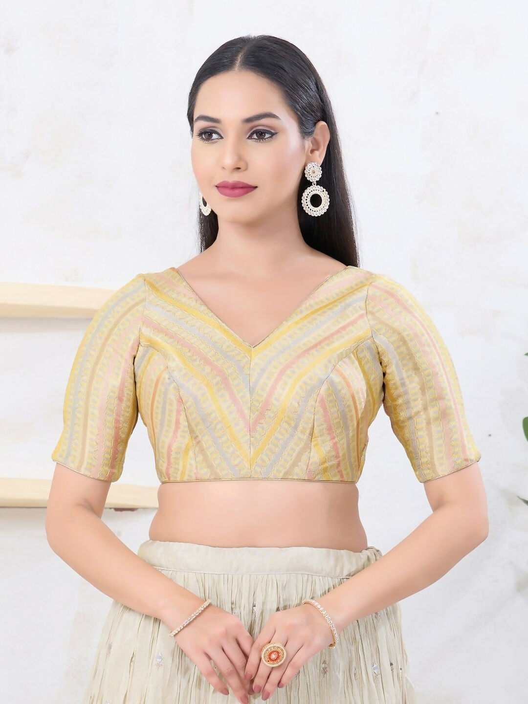 Joban Fashion Gold Jacquard Elbow Sleeveless Back Open Blouse | Grocsy