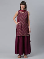 Ahalyaa Wine Crepe Glitter Print Kurta with Sharara and dupatta Set | Grocsy