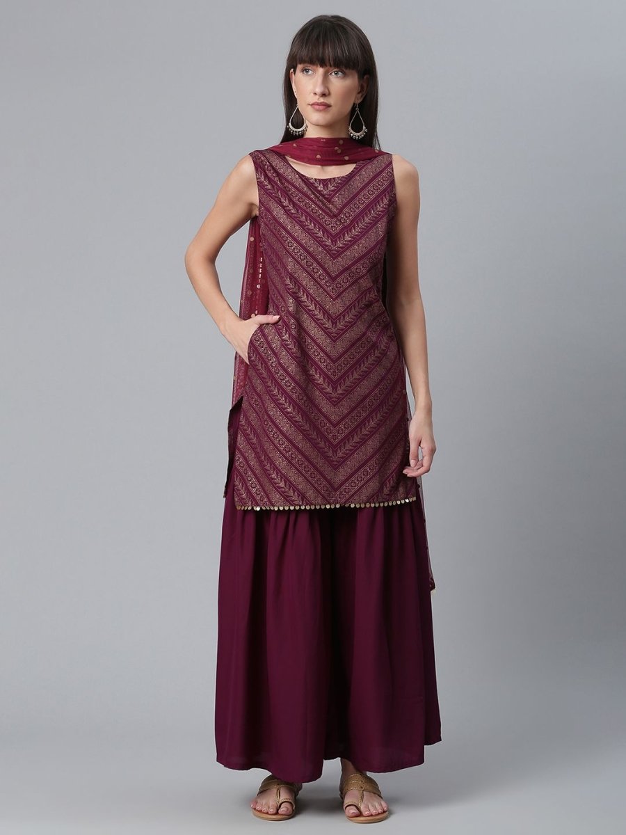 Ahalyaa Wine Crepe Glitter Print Kurta with Sharara and dupatta Set | Grocsy