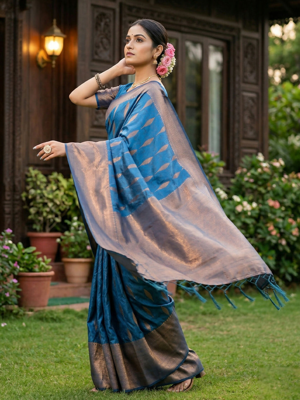 Shree Shyam Fashion Blue Silk Blend Saree | Grocsy