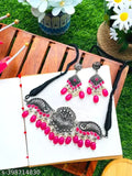 Tehzeeb Creations Women's Silver Plated Necklace Set With Rani Colour Pearl | Grocsy