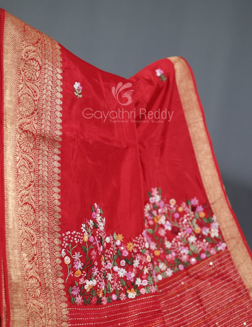 Vibrant Bright Red With Floral Motifs Pure Dola Silk Saree By Gayathri Reddy Designer Studio | Grocsy