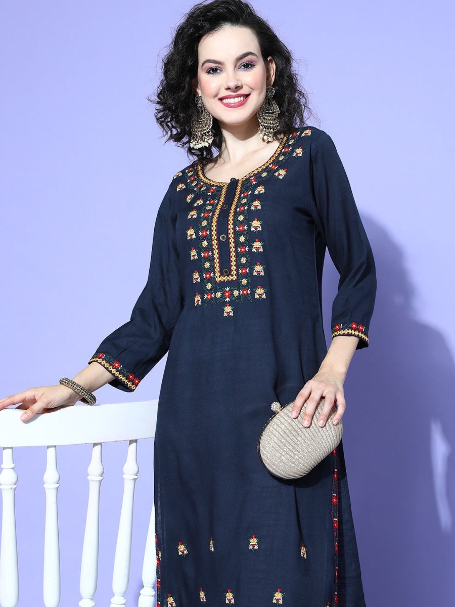 All About You Women Blue Embroidered Regular Mirror Work Liva Kurta with Trousers | Grocsy