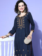 All About You Women Blue Embroidered Regular Mirror Work Liva Kurta with Trousers | Grocsy