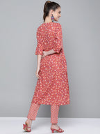 HERE&NOW Women Pink & White Floral Printed Kurta with Palazzos | Grocsy