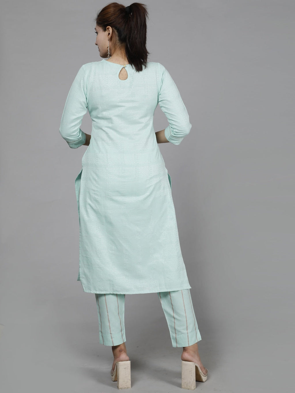 HERE&NOW Green Ethnic Motifs Embroidered Sequined Cotton Kurta Set | Grocsy