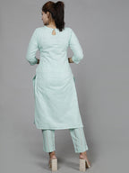 HERE&NOW Green Ethnic Motifs Embroidered Sequined Cotton Kurta Set | Grocsy