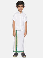 Sethukrishna Boys White & Green Pure Cotton Shirt with Dhoti | Grocsy