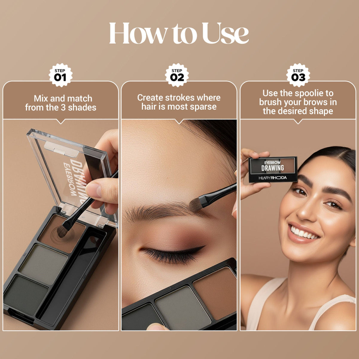 Hilary Rhoda Drawing Eyebrow Palette With 3 Natural Shades - 01 | Grocsy
