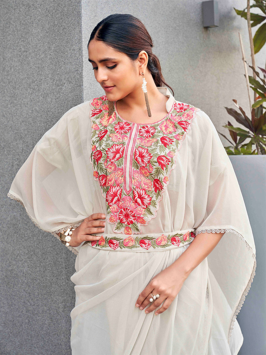 Tikhi Imli Embroidered Kaftan Saree With Belt | Grocsy