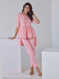 HERE&NOW Floral Printed Embroidered Sequinned High-Low Kurti with Trouserss | Grocsy