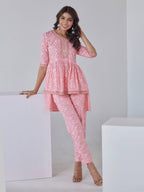 HERE&NOW Floral Printed Embroidered Sequinned High-Low Kurti with Trouserss | Grocsy